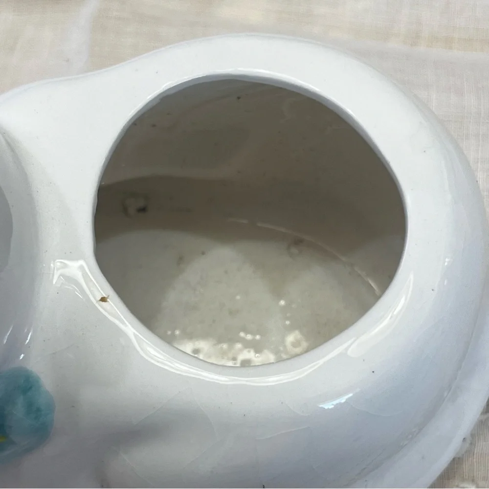 White Ceramic Cat-Shaped Planter with a Blue Scarf Adorned with Fish.
